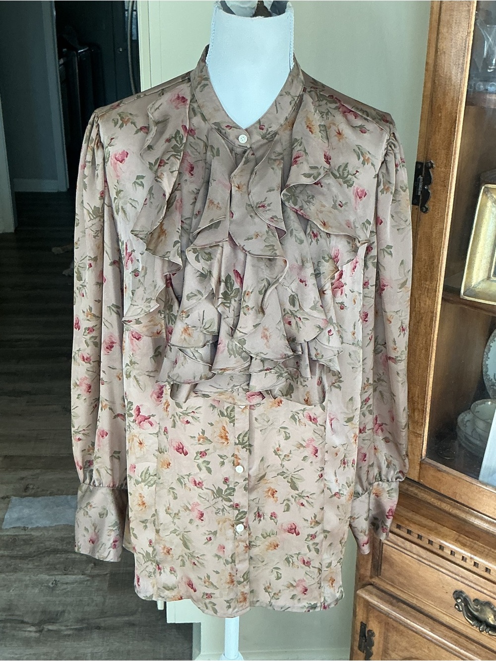 Ralph Lauren Beige Floral Ruffle Blouse